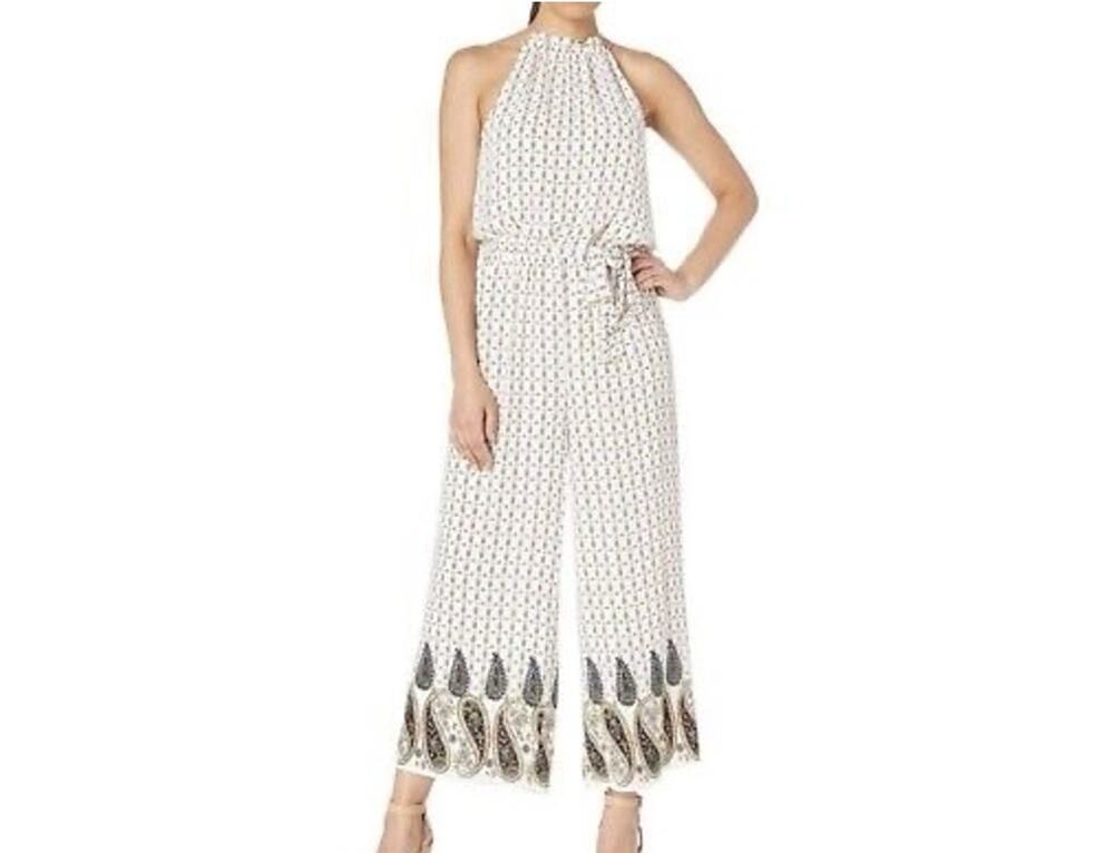 CeCe Jumpsuit Women's Size M Ivory Boho Floral Paisley Halter Wide Leg Belted